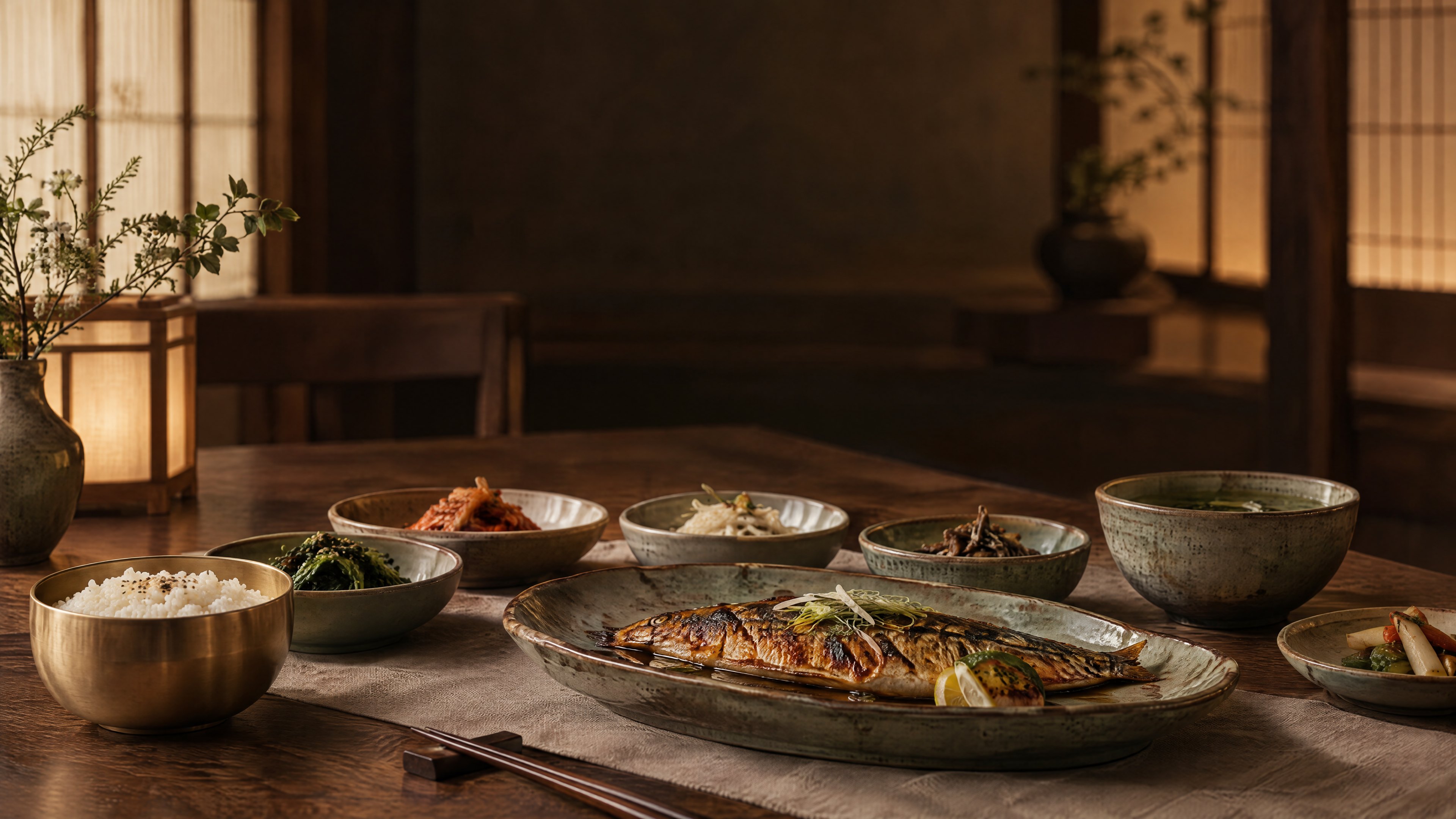 밥과 제철 반찬을 정갈하게 차린 한식 테이블, AI 제작 이미지
